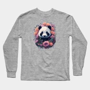 Cute smiling Giant Panda bear with florals and foliage t-shirt design, apparel, mugs, cases, wall art, stickers, travel mug Long Sleeve T-Shirt